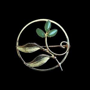 VTG Sorrento 1/20 12K GF Gold Filagree‎ Flower Jade 3 Stone Round Brooch Pin 3g